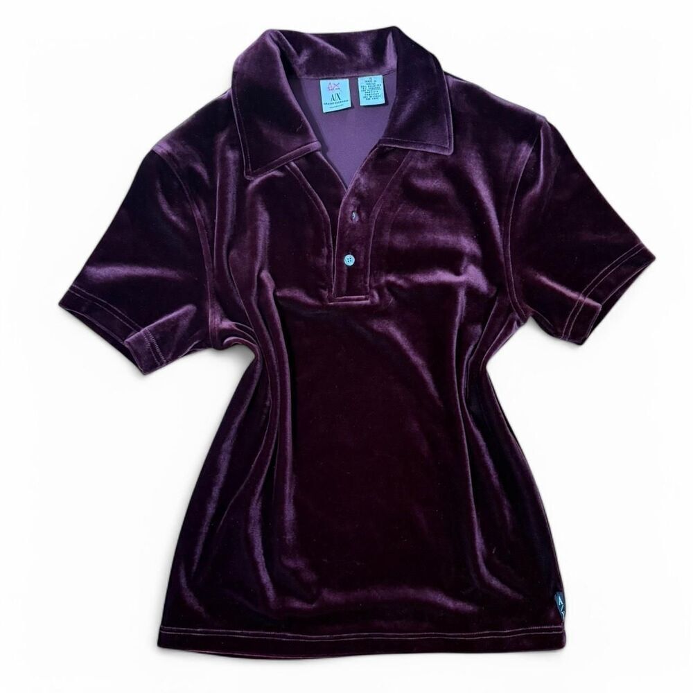 Burgundy velvet Armani Exchange polo shirt women size small. Authentic Armani.
